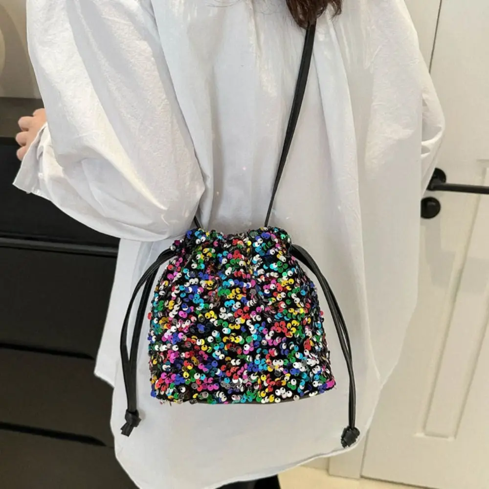 Shiny Evening Banquet Bag Handbag Small Purse Drawstring Crossbody Bag Korean Style Sequin Shoulder Bag Women