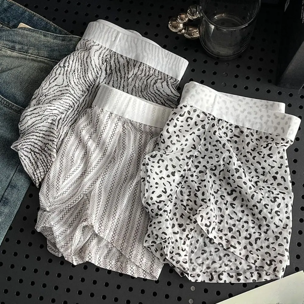 심플한 얇은 아이스 실크 복서 브리프 스트라이프 시스루 레오파드 프린트 속옷 통기성 시원한 느낌의 일상용 팬티