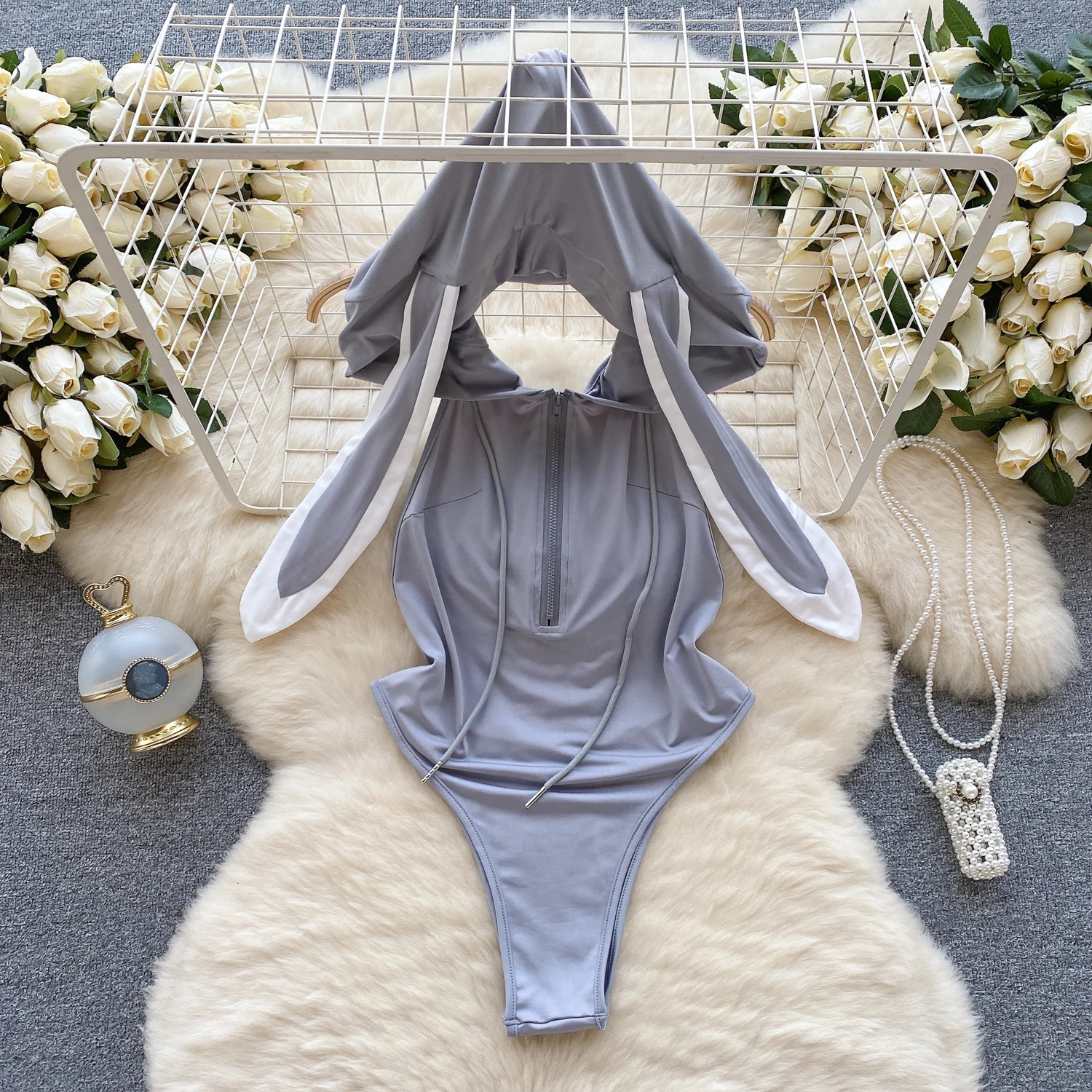 Zipper Hotsweet Women's Jumpsuit Rabbit Girl Roleplay Cute Costume Shirt Hollow Backless Sexy Lingerie Jumpsuit Gray Hooded New