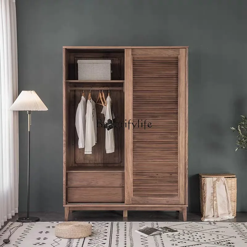 05-North American black walnut solid wood wardrobe log Nordic sliding door sliding door