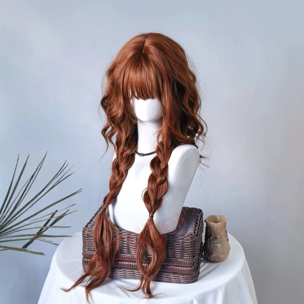 Auburn Brown Long Wavy Wig with Bangs Double Braids Synthetic Heat Resistant Hair Wig for Women Lolita Cosplay Daily Party Wig