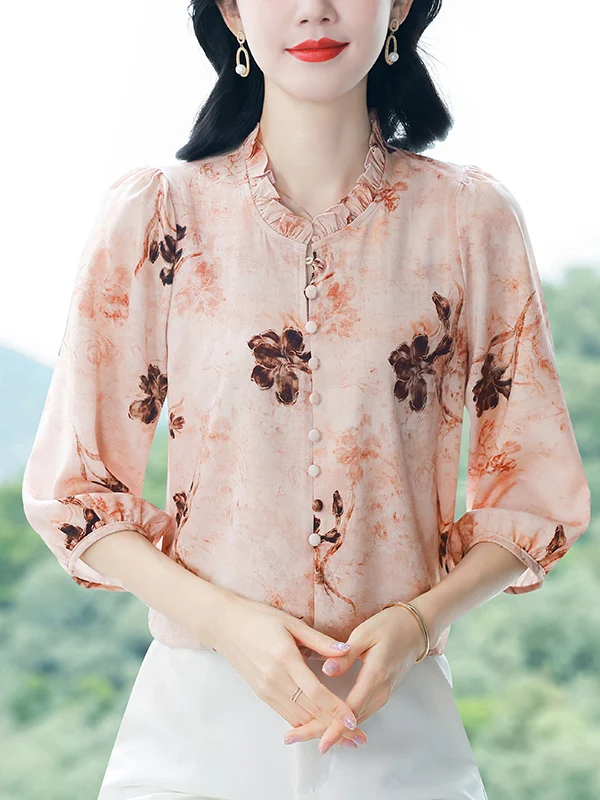 

Silk Georgette Floral Print Blouse Women's Spring Summer New Sle f Sve Mom's Faionable irt Loose Fit Regular Length