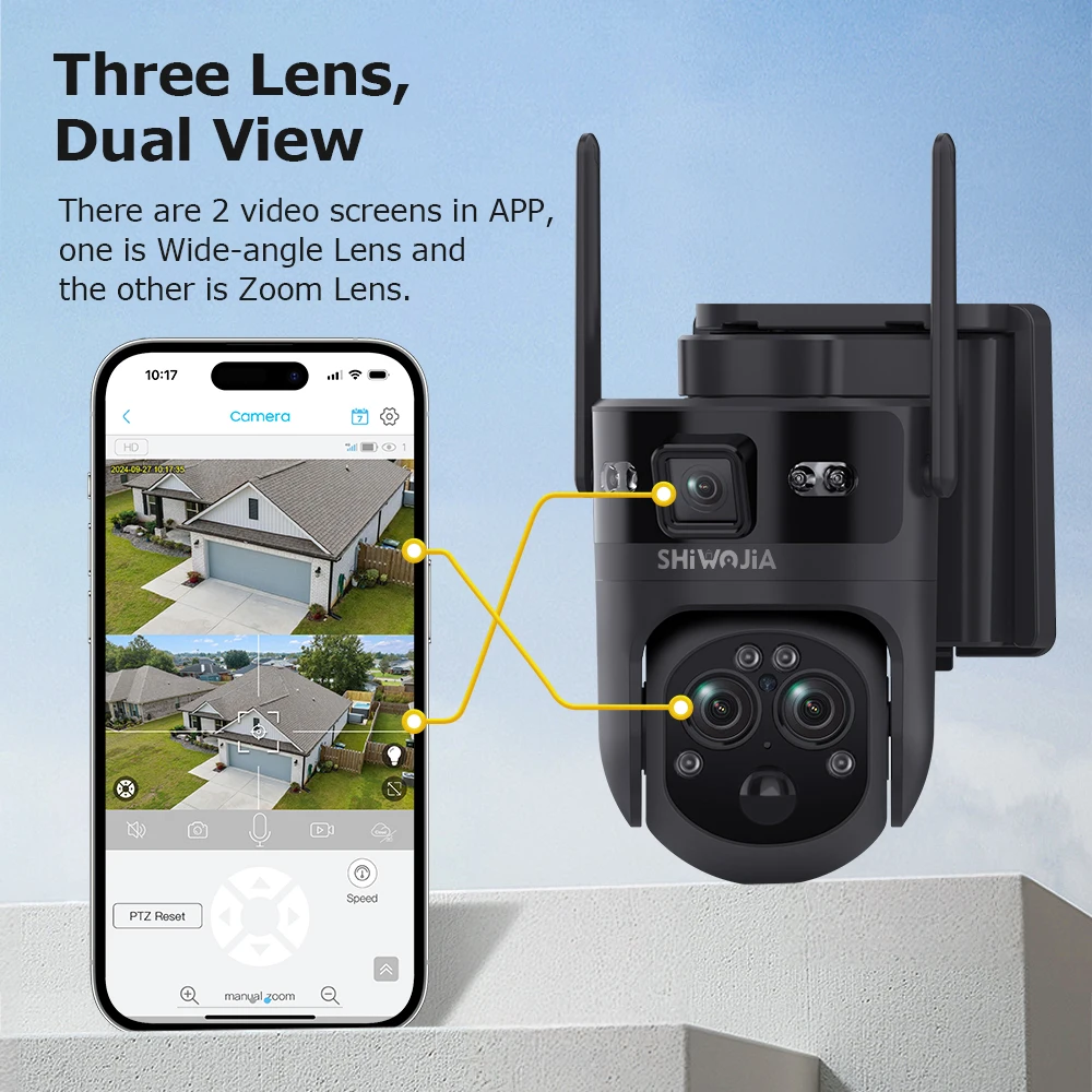 SHIWOJIA 15X ZOOM Solar Camera 4G 12MP 6K Three Lens 360° View 8W Solar Panel Security Outdoor PTZ IP Camera 15600mAh Battery