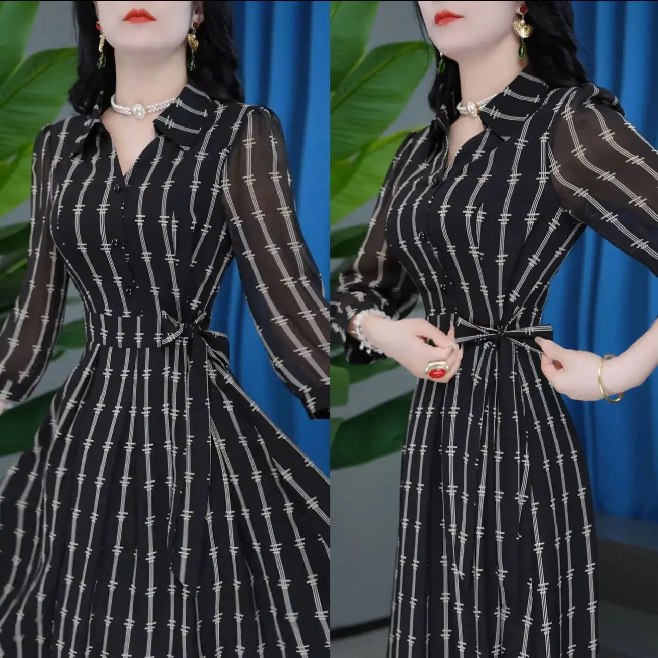 Fashionable 9-point Light Feather Silk Dress Autumn New Style Temperament Lace Up Waist Cinching Flesh Covering Slimming Dress