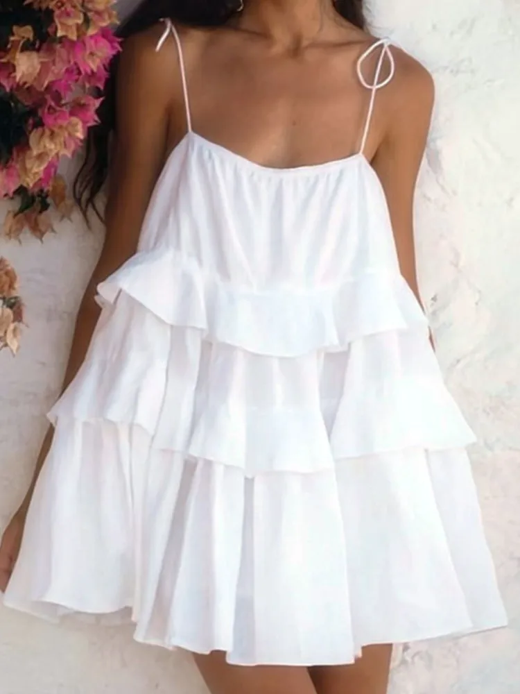 

Elegant Sexy Solid Dress Lady Fashion Sleeveless Spaghetti Strap Ruffles Loose Mini Dresses For Women Casual Party Holiday Skirt