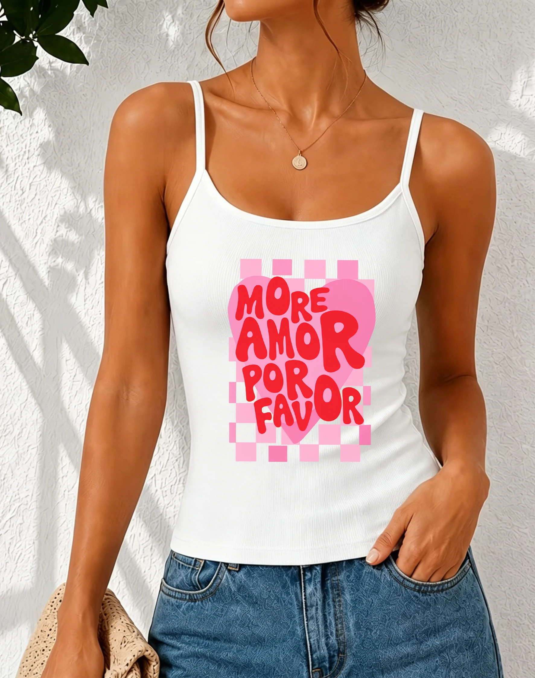 More Amor Por Favor Camisole Checkerboard Crop Top Women Summer Sleeveless Spaghetti Strap Tank Tops Casual Vest Streetwear