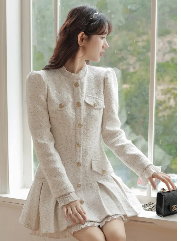 French Vintage Coat Dresses for Women Long Sleeve O-neck Ruffles A-line Short Dress Autumn Spring Korean Chic Vestidos Mujer New