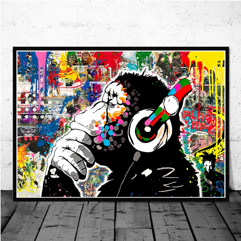 

Graffiti DJ Monkey Canvas Art Posters and Print Banksy Animal Paintings on The Wall Pictures for Living Room Home Decor