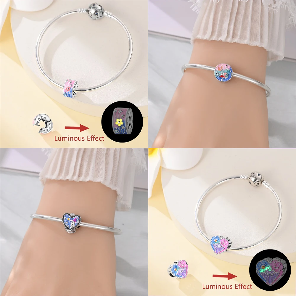 Romantic Pink Cat Oil Painting Star Moon Angel Pendant Lucky Symbol Bead Fit Bracelet Original 925 Silver Women Jewelry Diy Gift