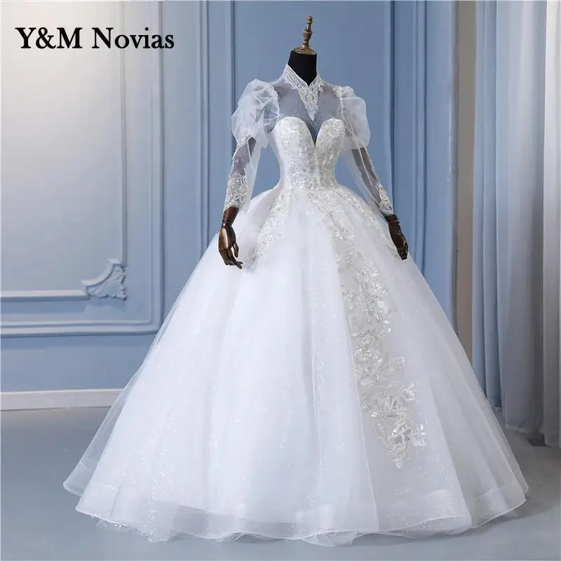 Y & m novias billig High Neck Perlen Brautkleid Dubai Stil Vintage Spitze Hochzeits kleid für Party Frauen Bridel Kleider lange Ärmel