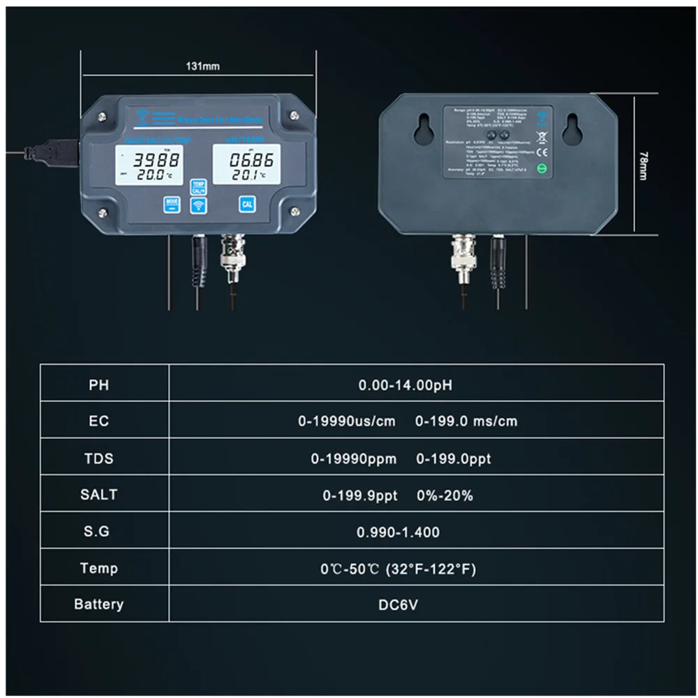 6 in 1 Digital WiFi PH EC TDS SALT S.G Temp Meter Water Quality Tester Multifunction Smart Monitor Analyzer Online APP Control