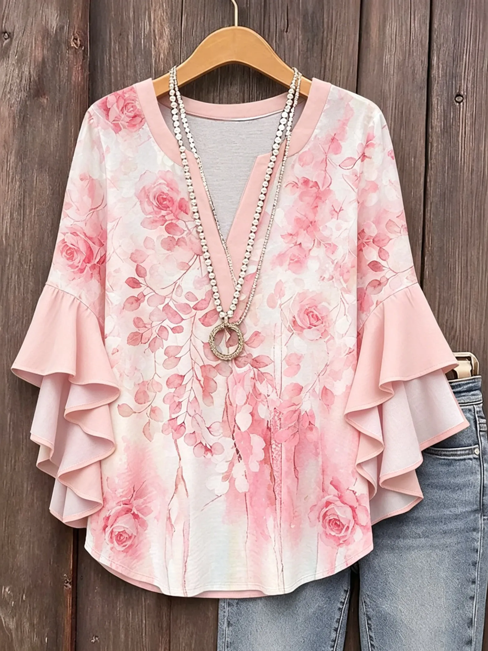 Women's V Neck Ruffle Half Sleeve Watercolor Rose Print Blouse