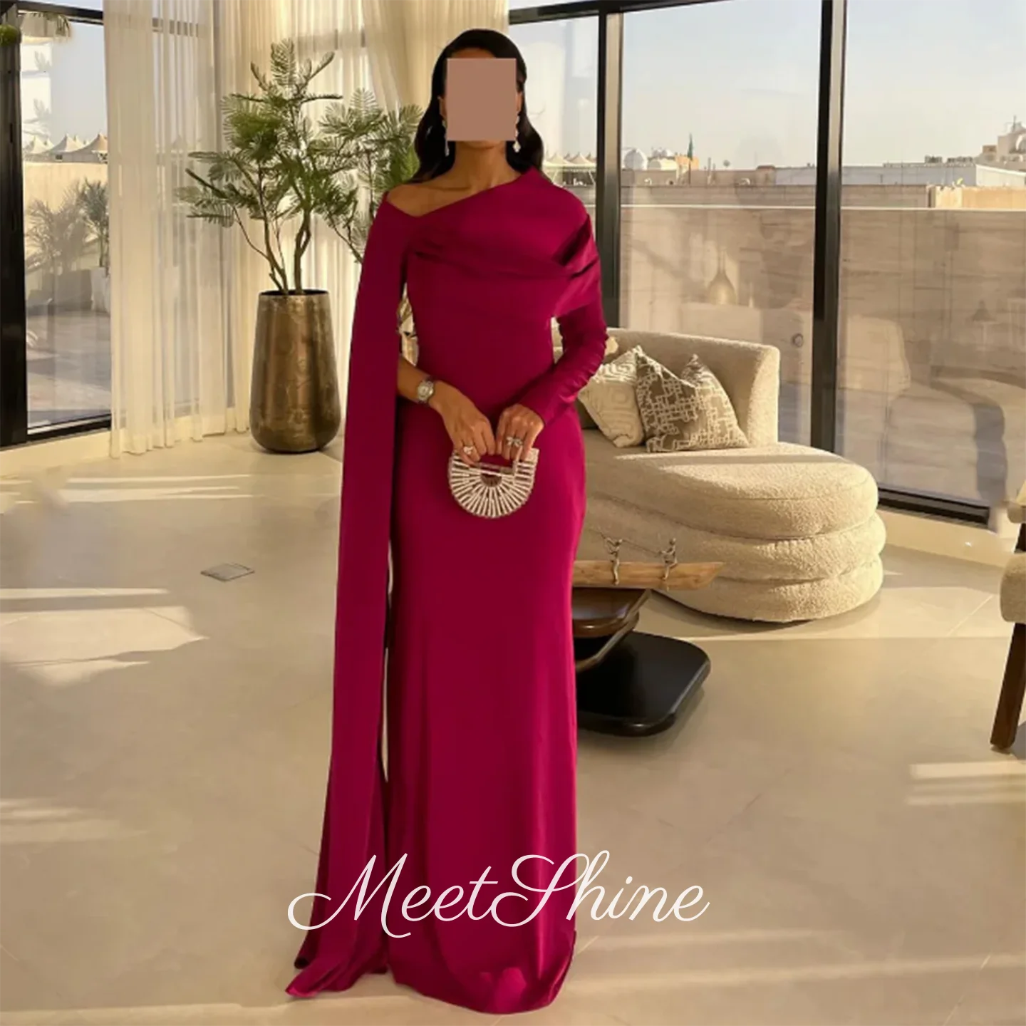 

Dubai Rose Red Off Shoulder Mermaid Evening Dress with Cape Sleeve Satin Prom Dress Saudi Arabia Women Party Dress Customized