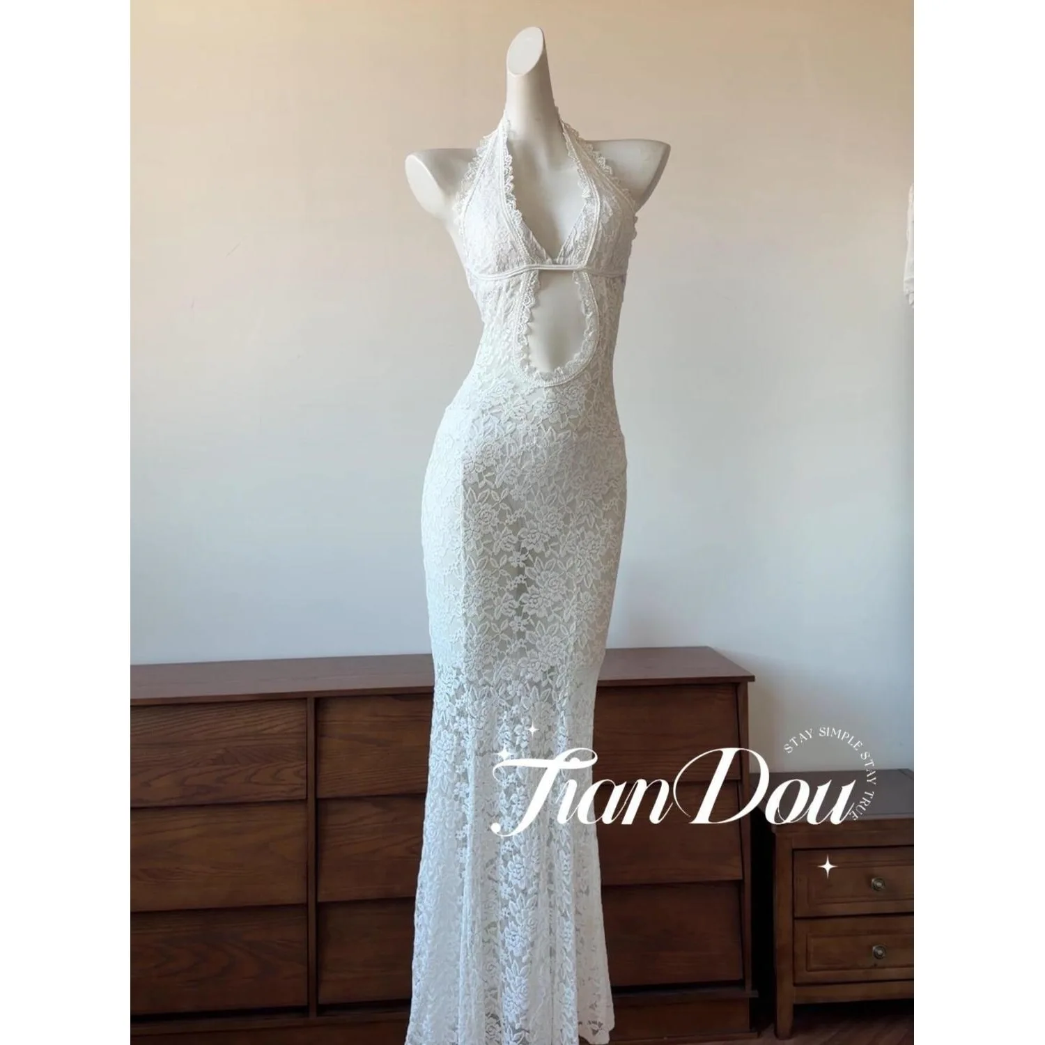 New Summer Women's Fashion Casual Solid Color Hanging Neck Strap Lace Fish Tail Long Dress Split Swimsuit Three Piece Set