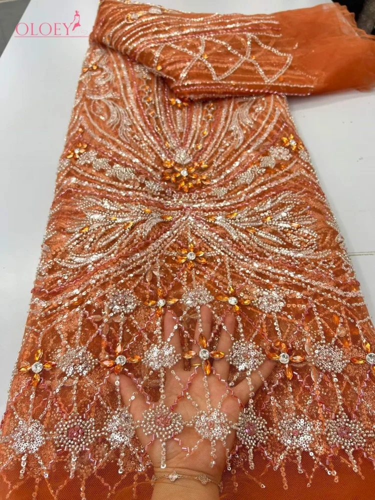 OLOEY Elegant African Nigerian Diamond Beaded Lace High-End Luxury French Sequins Mesh Lace Fabric Women Evening Dress Party view 6