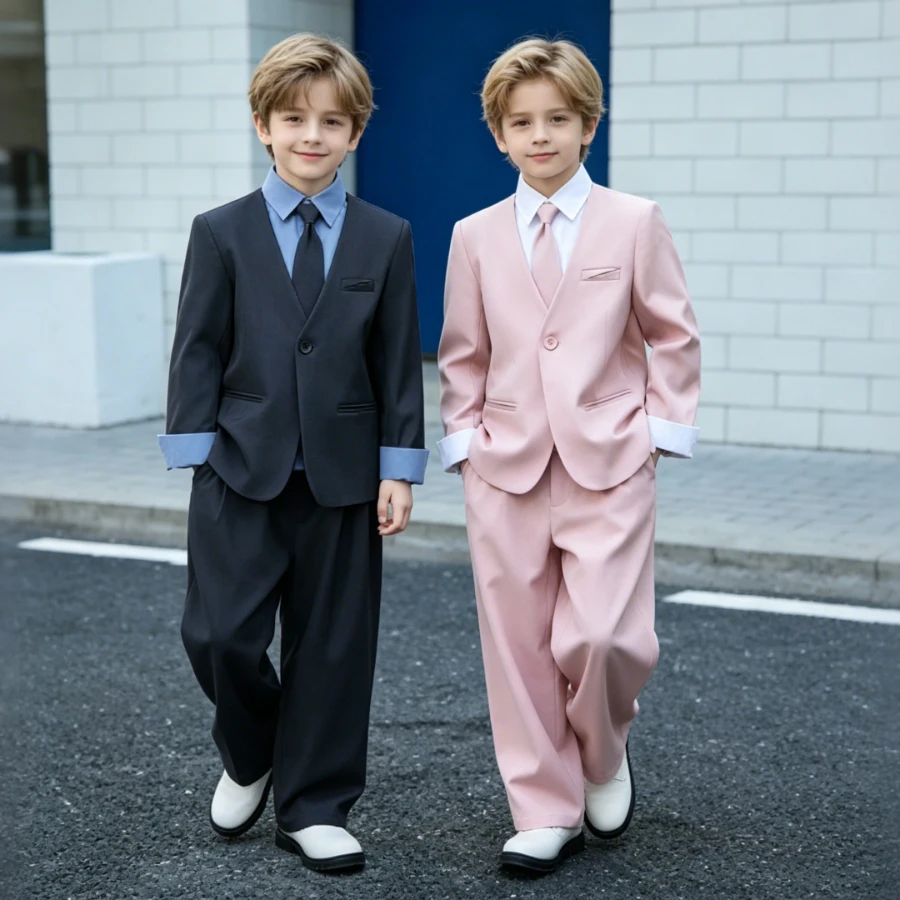 

Minimal Kids Suit Set V Collar Jacket Loose Trousers Tie for Daily School Wedding Photo Shoot Casual Light Formal Costume 2-13 Y