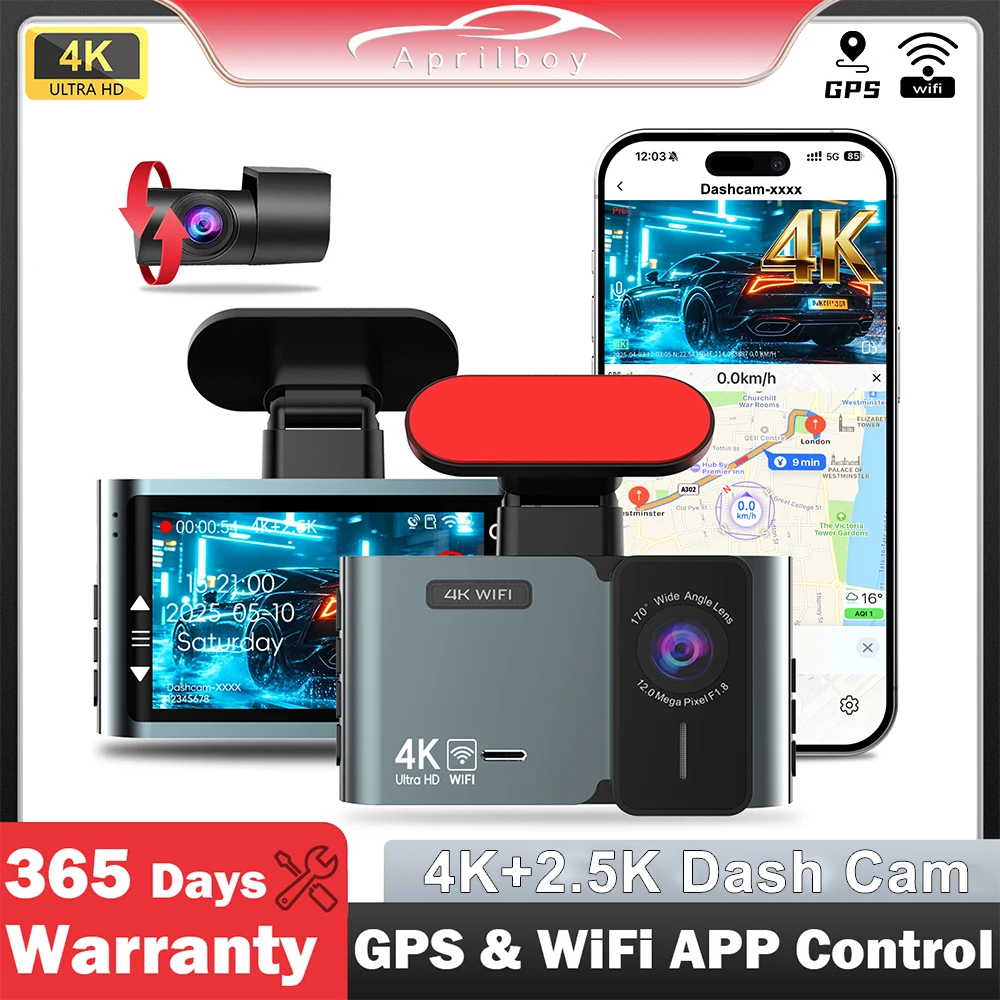 

Видеорегистратор Aprilboy с двумя объективами K12 4K+2,5K 170 ° +150 ° Широкоугольный Wi-Fi ночного видения G-сенсор для записи парковки и контура