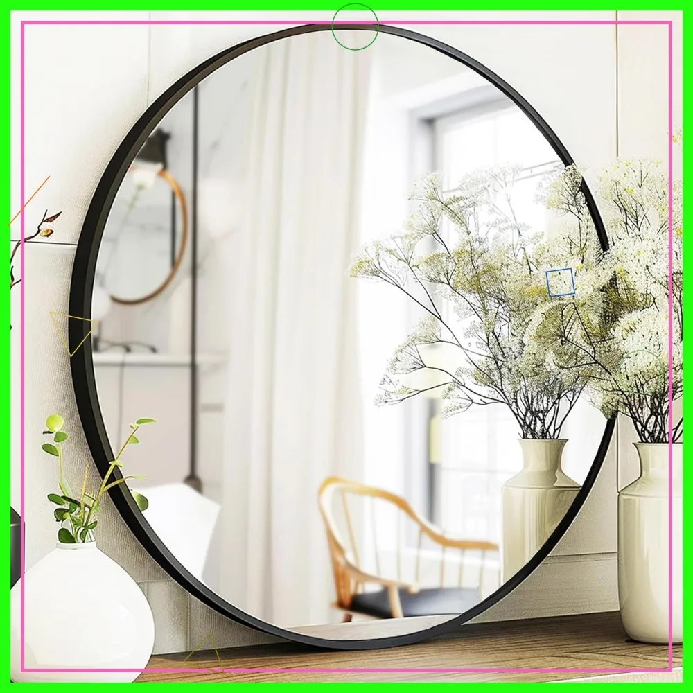 

24 Inch Black Round Mirror with Metal Frame, Shatterproof Wall Mounted Mirror for Living Room Bathroom Entryway