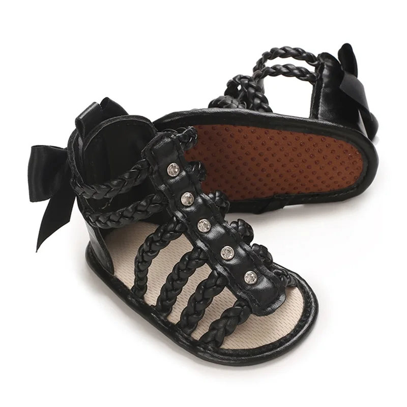 0-18M Baby Meisje Uitgehold Sandalen Pu Leer Gevlochten Antislip Strik Zomer Flats Peuter Schoenen Voor Casual Dagelijks