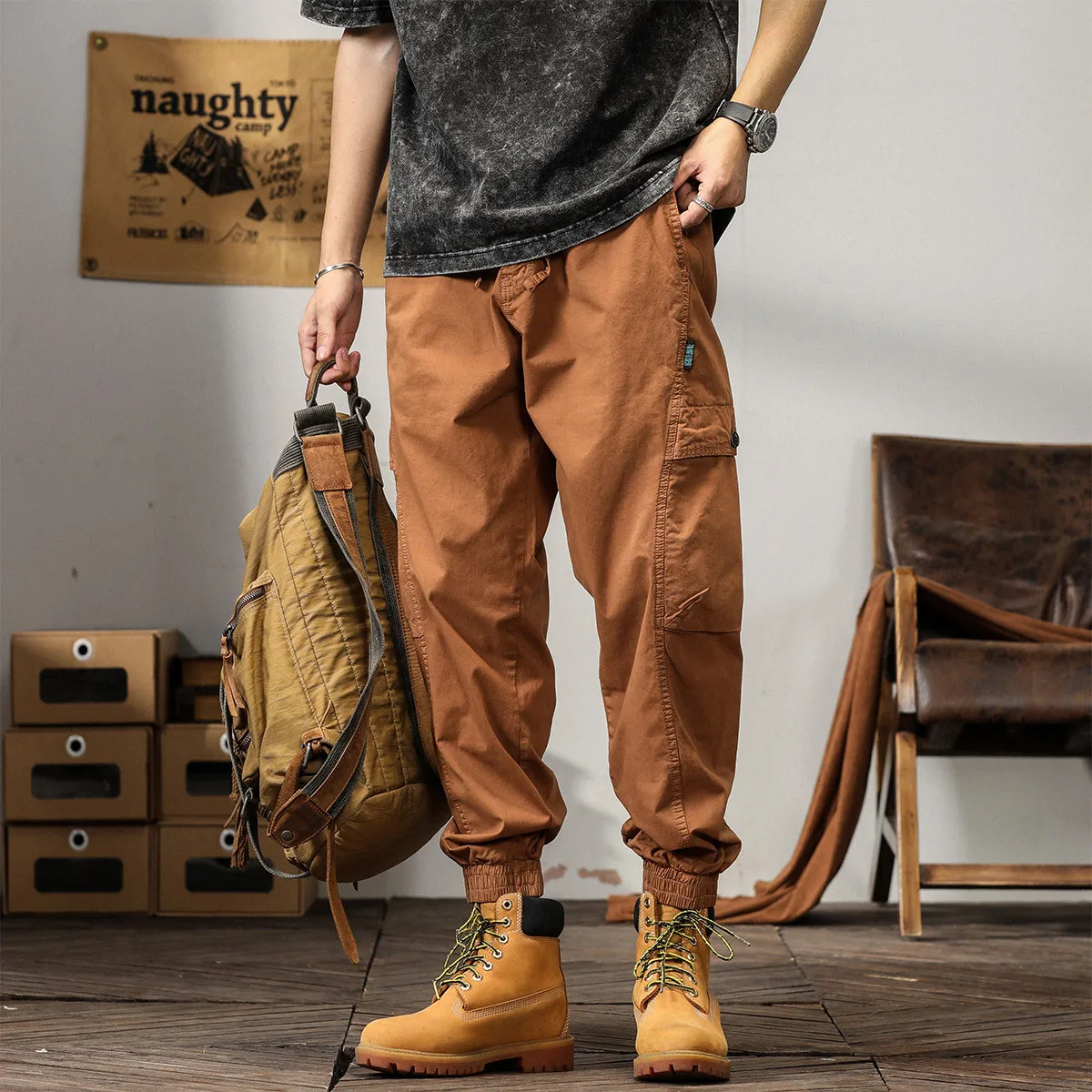 Japanese Style Spring Autumn Fashion Men's Solid Color Plus Size Loose Casual Trendy Spliced Cargo Trousers Male Pants Clothes