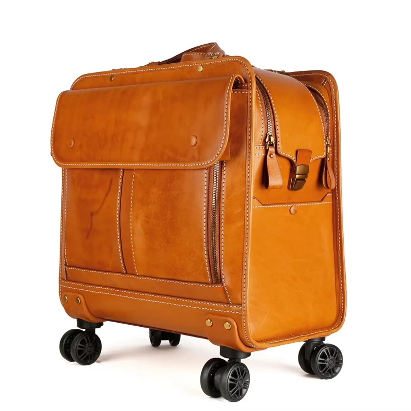 Carry-On Luggage Vintage Design with Real Genuine Leather Daily Travel & Wheel Suitcase Luggage Sets with Logo Pattern