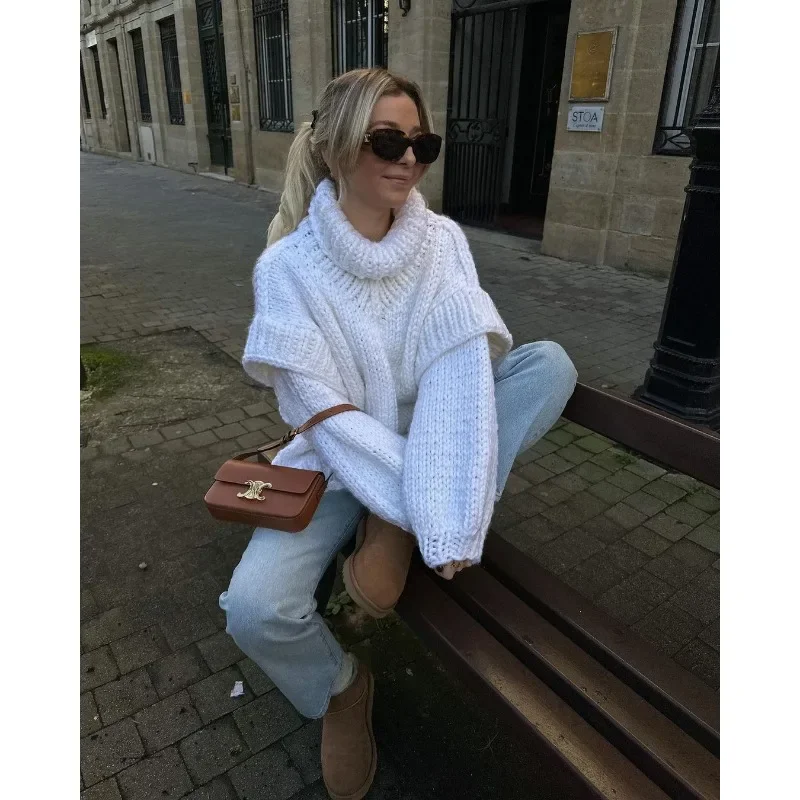 Women's Solid Color Knitted Sweater 2023 Autumn Winter Pullover Sweater Women's Casual Long Sleeve Turtleneck Loose Sweater Top 4
