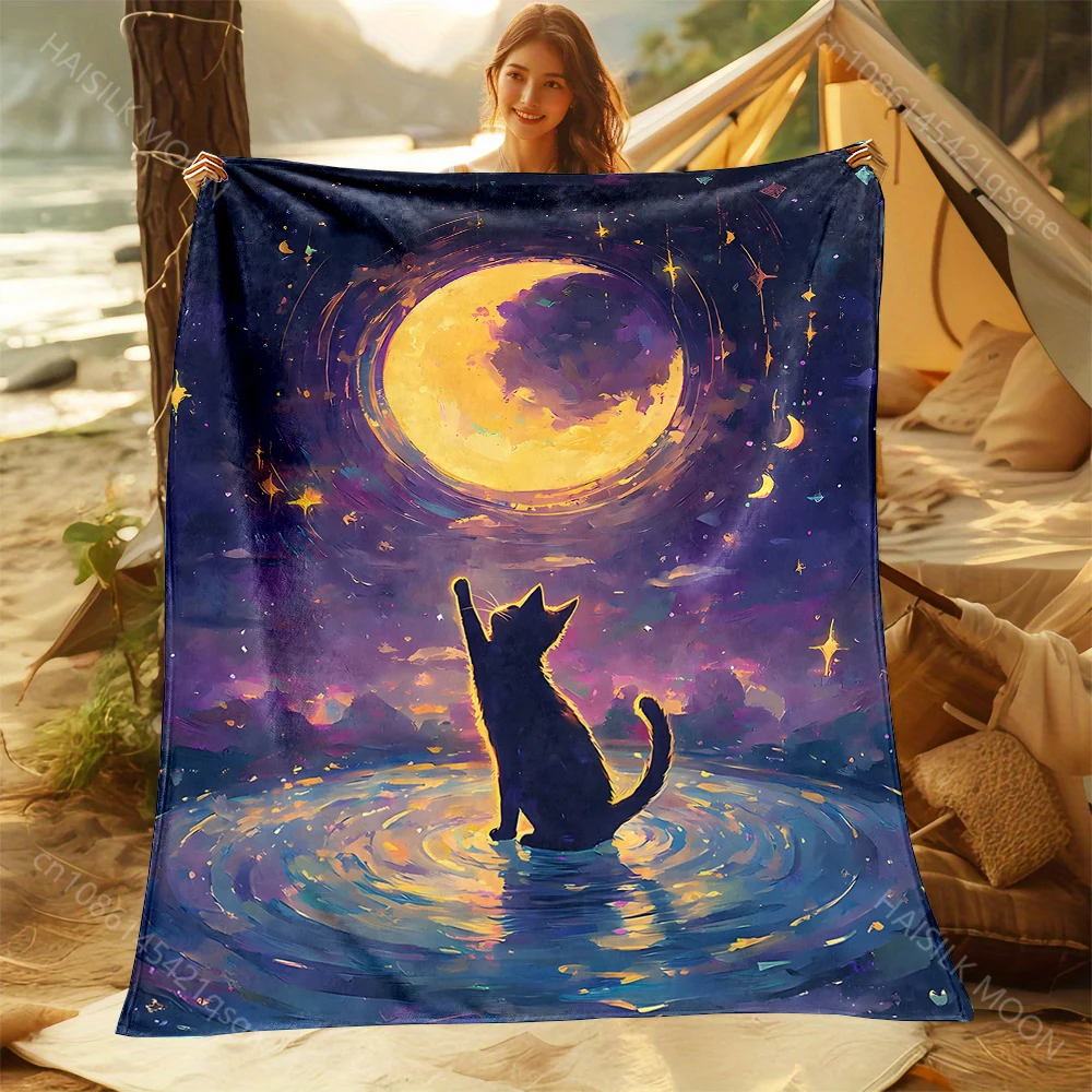 Cat reaches moon reflection Print Adult Children Warm Blankets Home Travel Car Soft and Comfortable Suitable for all seasons