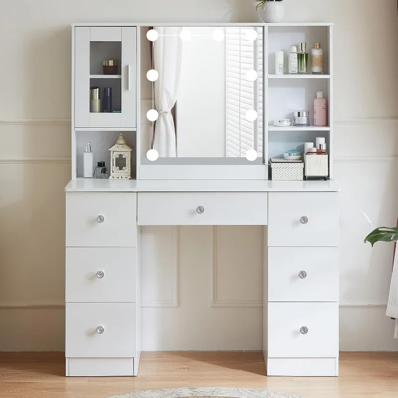 43 inch Make Up Vanity Desk with Mirror and Lights, White Vanities with Storage Drawer & Cabinet, Makeup Table Build-in LED Bulb