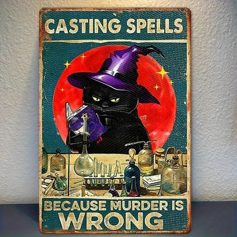 Retro Cat Casting Wall Art - Metal Sign, Frameless Iron Hanging Decor for Home, Cafe, Office - 'Casting because murder is wrong