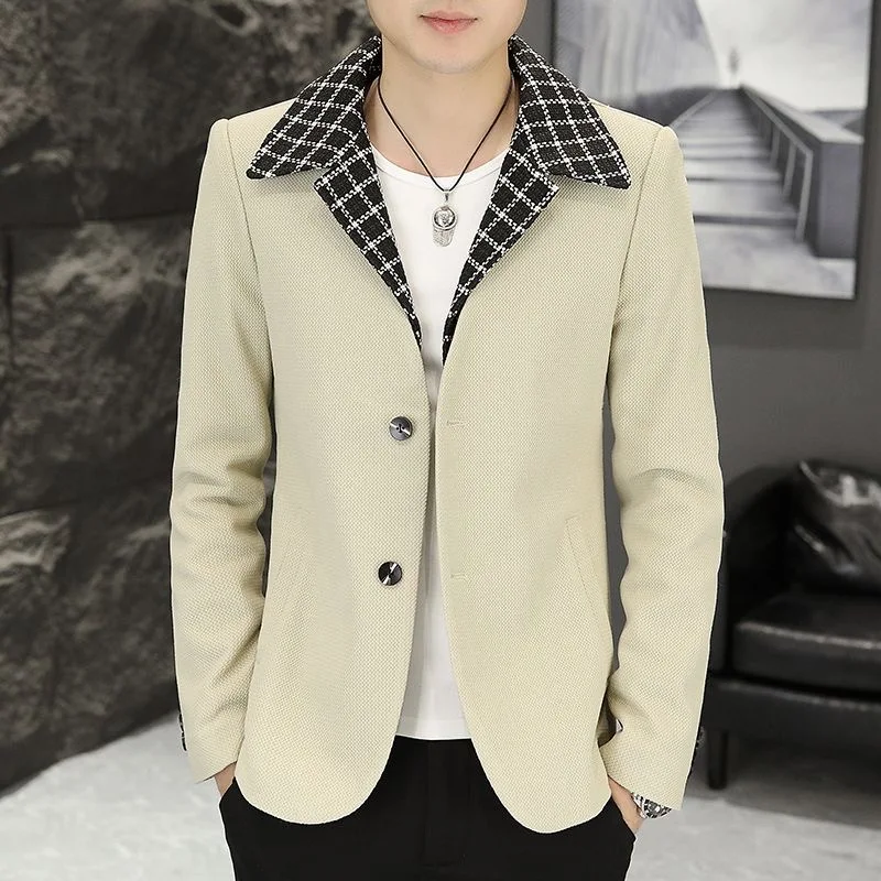 175 Double button suit jacket men\'s small suit trendy Korean style slim plaid suit