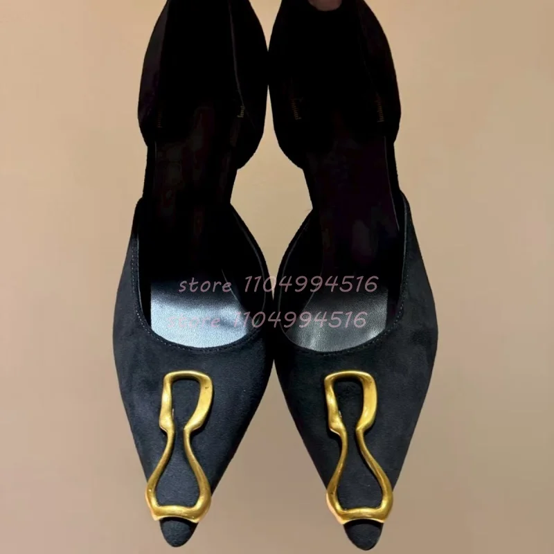 Metal Decor Black Suede Cover Heel Pumps Women Shallow Side Hollow Stiletto High Heels Sexy Pointed Strange Style Party Shoes
