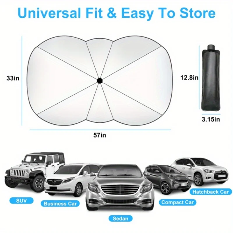 

57x33In Foldable Car Sun Umbrella Universal Sun Blocker Shield Shade Silver Titanium Sun Protector with Carry Bag for Car Truck