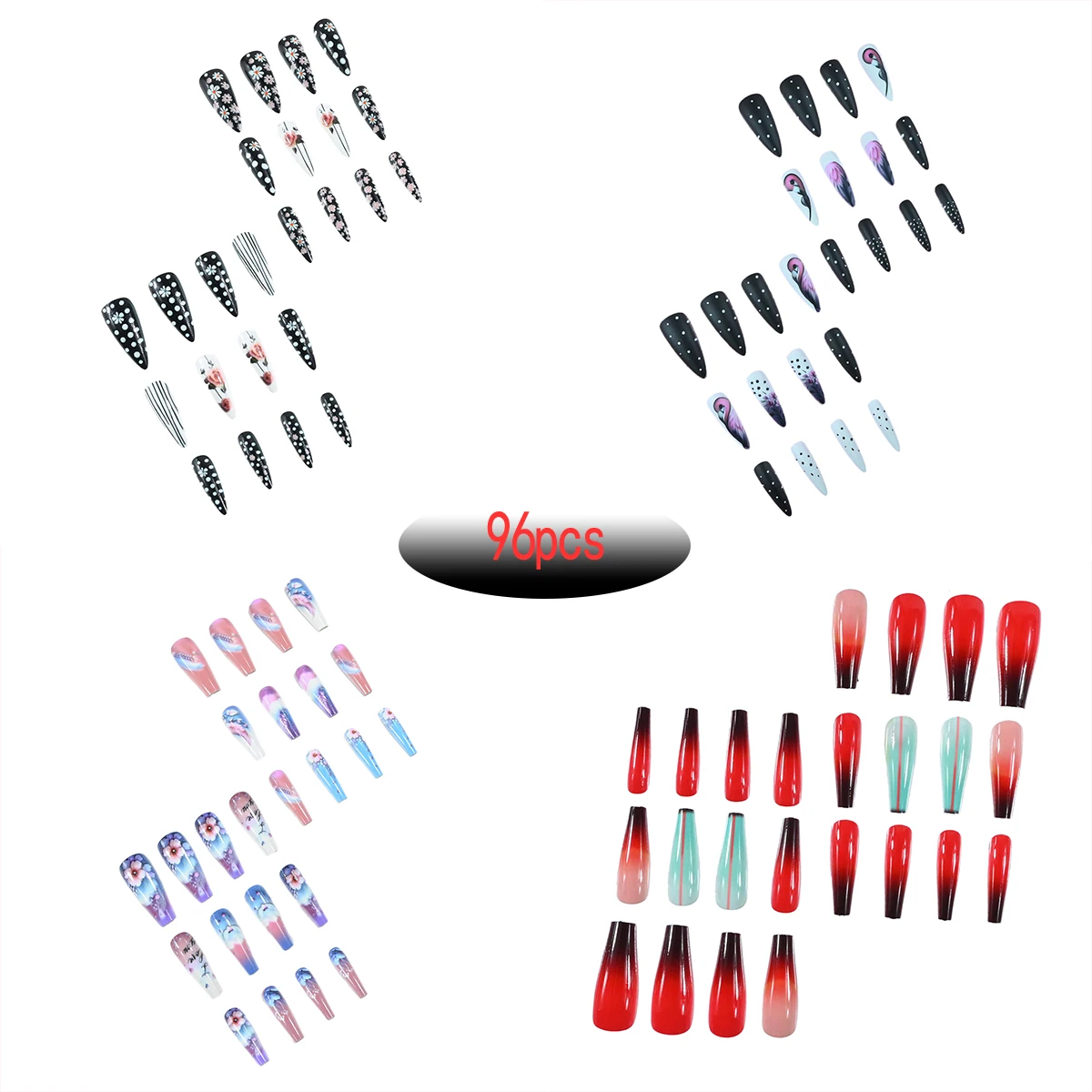4 مجموعات/96/24 قطعة من ملصقات الأظافر على شكل نعش الباليه: قلب/ريشة/فراشة/زهور. أسلوب لامع طويل، يأتي مع مبرد أظافر و ن