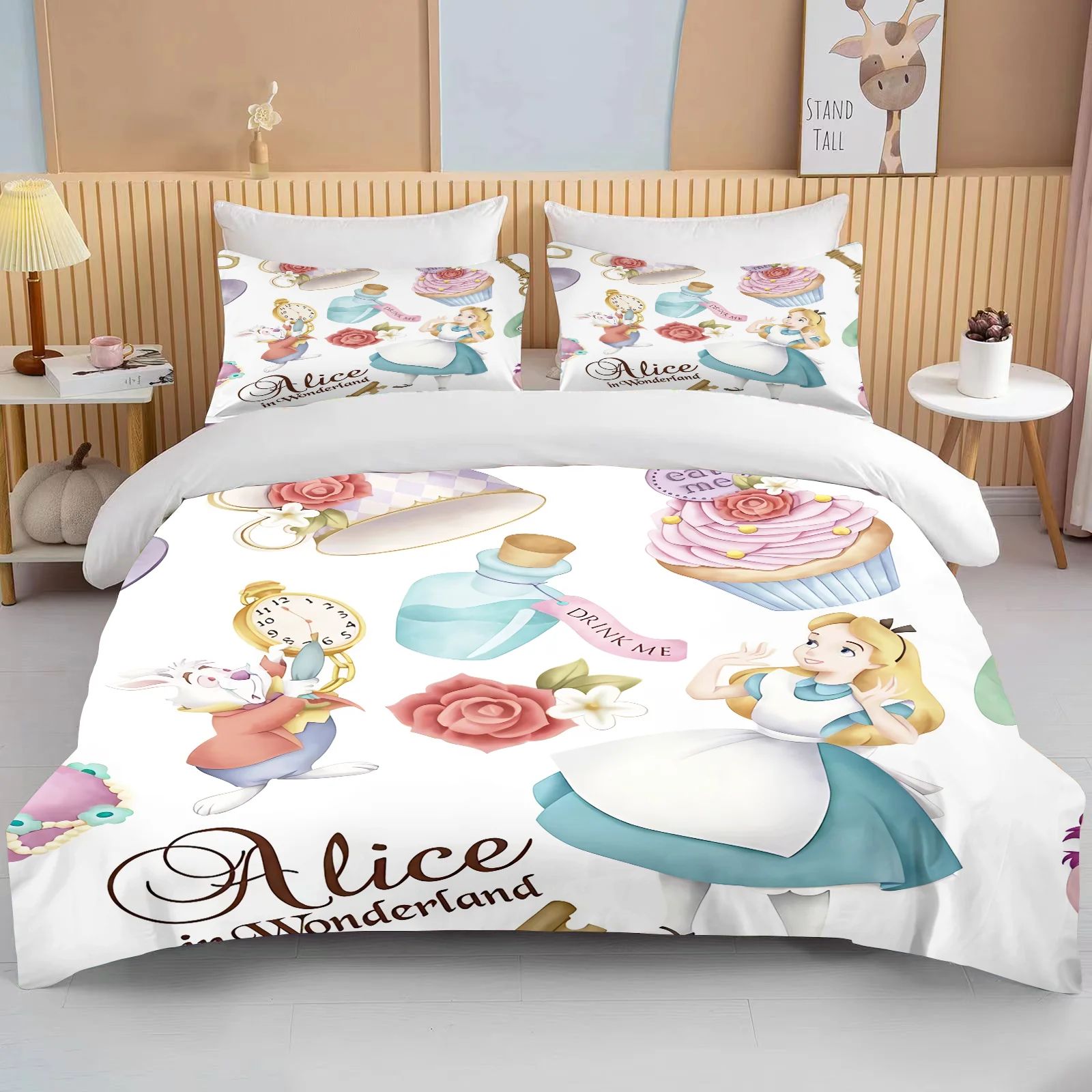 Disney Alice nel paese delle meraviglie Set biancheria da letto stampata Cartoon Anime Set letto in microfibra federa copriletto per adulti camera