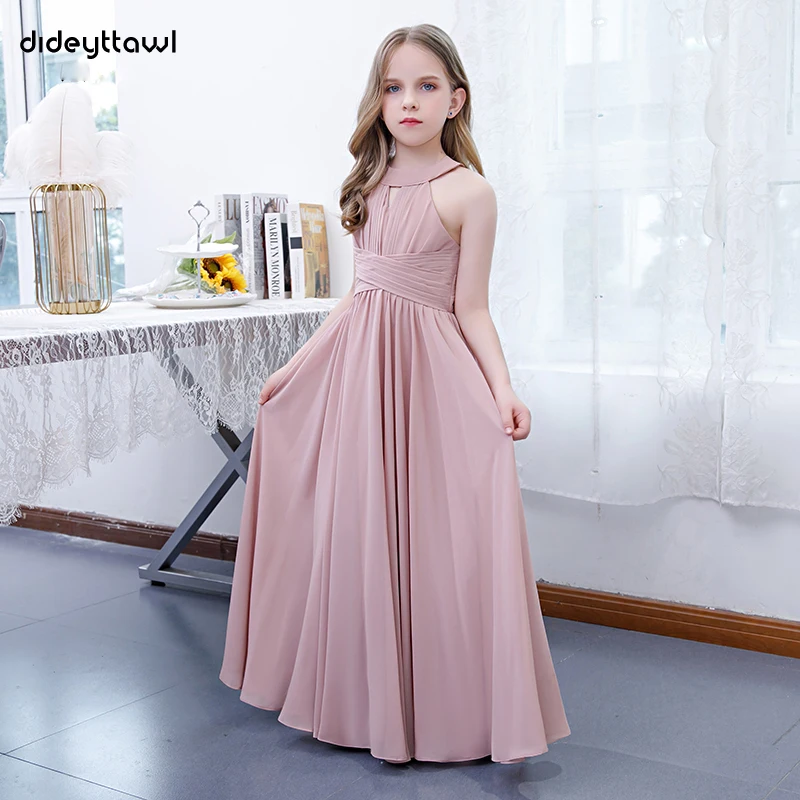 Dideyttawl Dusty Rose Chiffon Halter Pleated Flower Girl Dresses Junior Bridesmaid Dress Sleeveless Kid Birthday Party Gowns