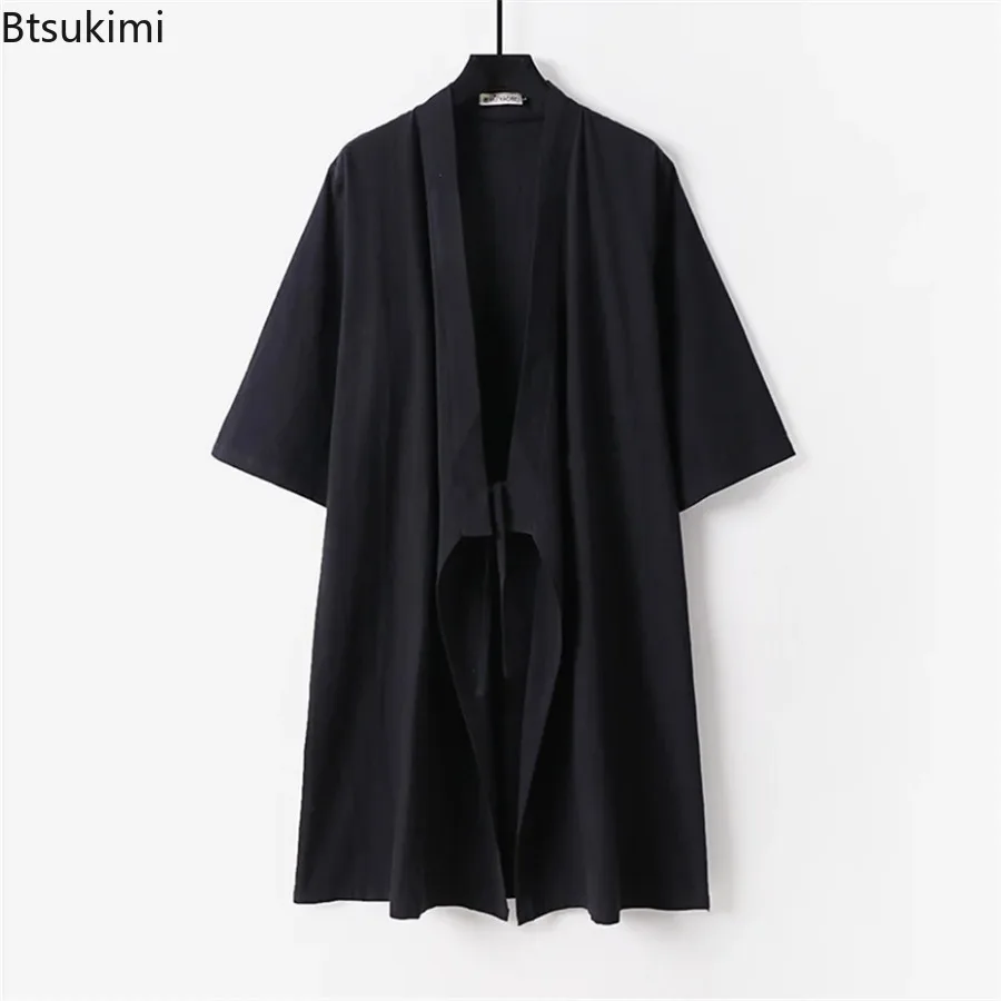 New Men's Vintage Linen Long Cardigan Shirts Jacket Spring Autumn Hanfu Daoist Robe Long Shirt Male Long Jacket Plus Size 9XL