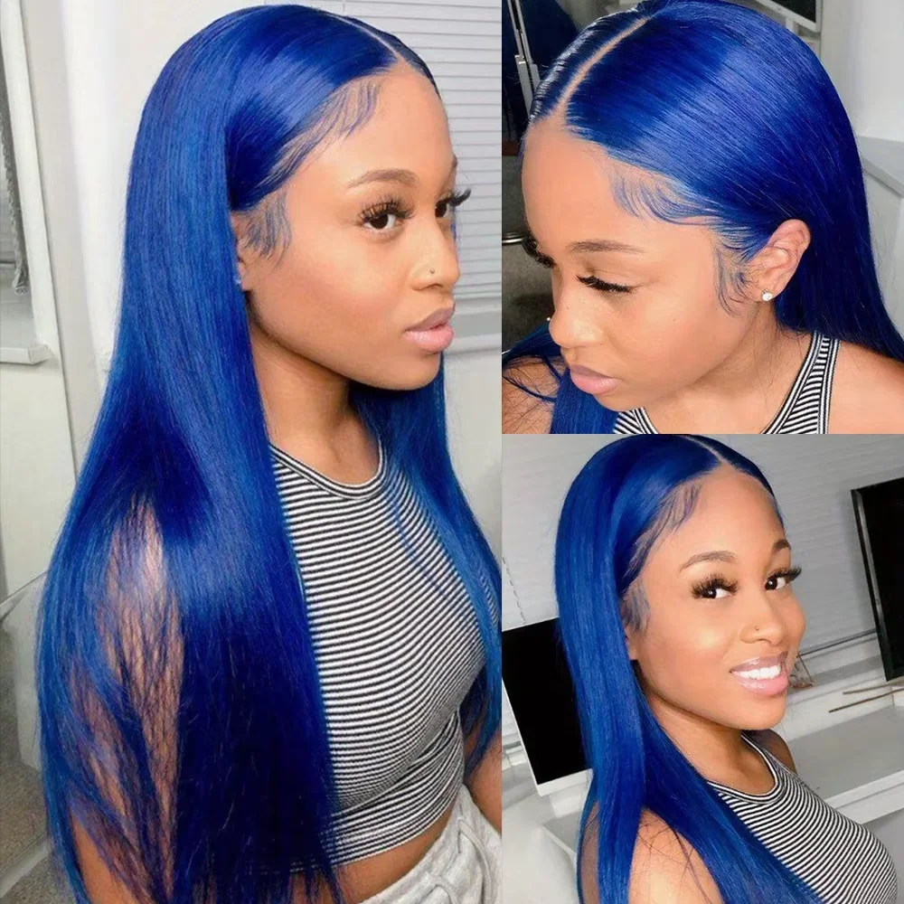 

Прямой темно-синий бразильский 13x4 HD парик фронтальной части шнурка человеческих волос бесклеевые парики фронта шнурка для женщин Sky Royal Blue 30 32 34 дюйма