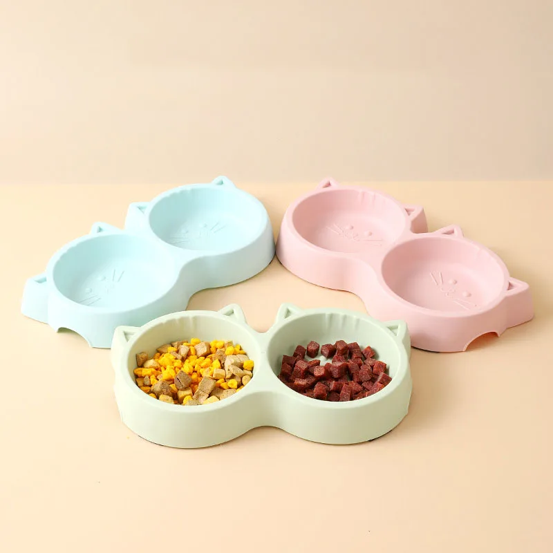 Pet Supplies Pet Cat Double Bowl Material Cartoon Cat Face Shape Food Water Feeding Bowl Non-slip Puppy Cat Feeder Accessories