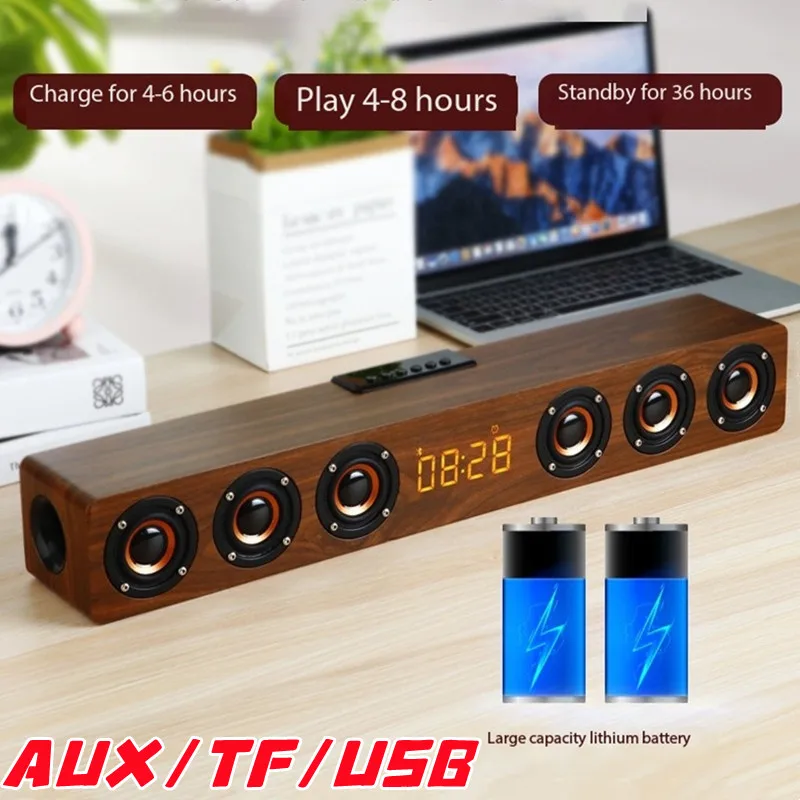 

Wooden Soundbar Bluetooth Speaker Music Acoustic System 20W HIFI Stereo Music Surround LED Display Outdoor Speaker With FM Radio