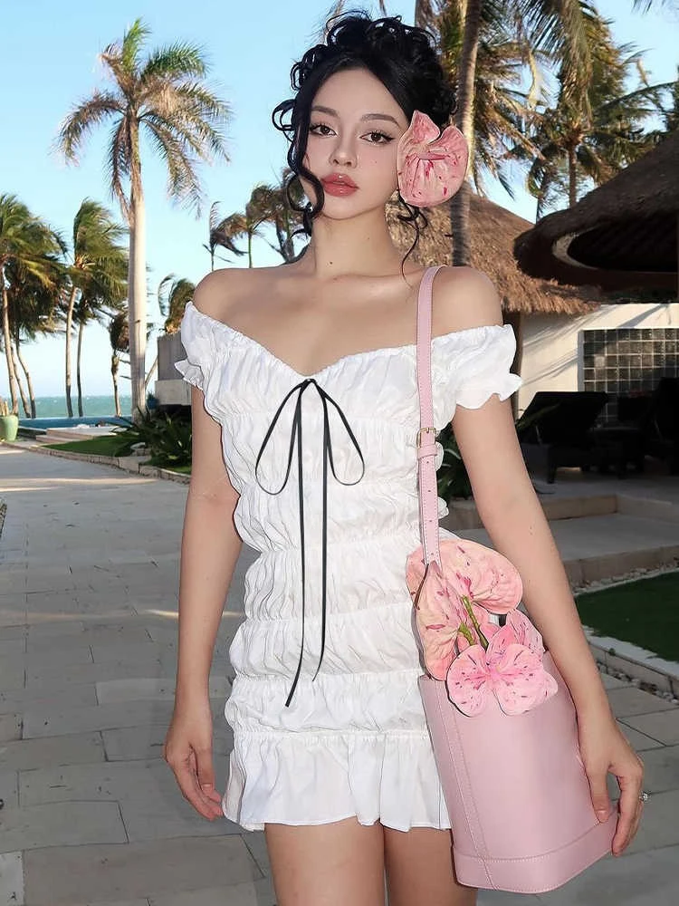 Women's White A-line Dress Vintage Solid Color Sleeveless Mini Beach Dresses Y2k Party Club One Piece Frocks 2000s Clothes 2024