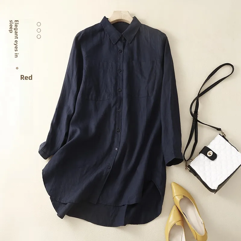 가을용 면 린넨 칼라 싱글 버튼 롱 슬리브 루즈핏 중간 길이 단색 다용도 여성용 프리...