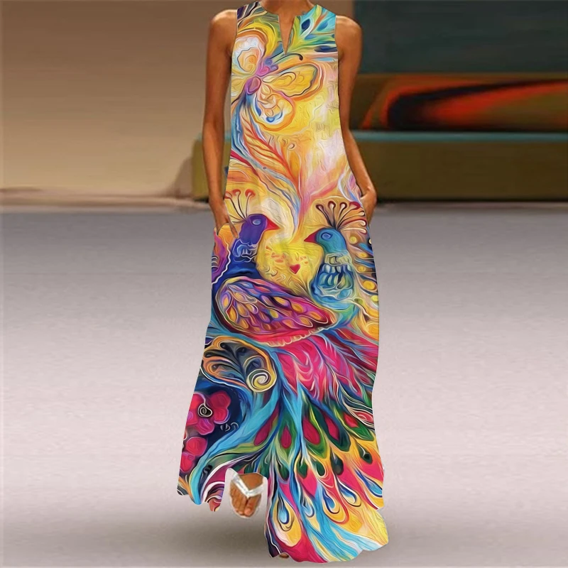 Women\'s Vintage Printed Dresses Summer Boho Sleeveless V-Neck Long Dress Ladies Casual Elegant Beach Party Maxi Dresses Vestidos