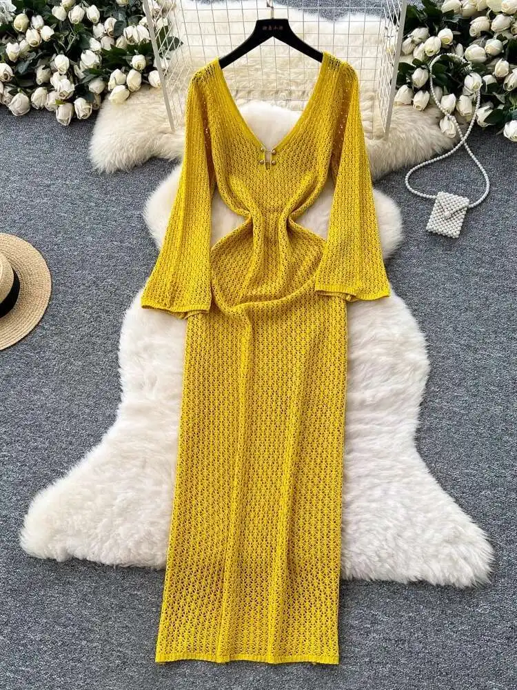 Abito sexy da spiaggia Donna Scollo a V Manica svasata Slim Abiti in maglia cava Estate Solid Boho Casual Abito lungo Abiti