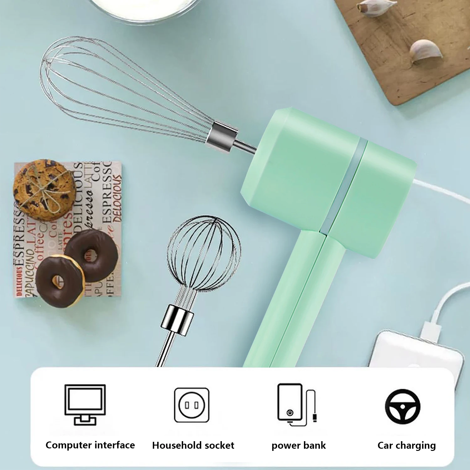 مضرب البيض المحمول اللاسلكي، يعمل بالبطارية القابلة لإعادة الشحن، سوط كريمي متعدد الوظائف، خلاط محمول، مع خفقين #4