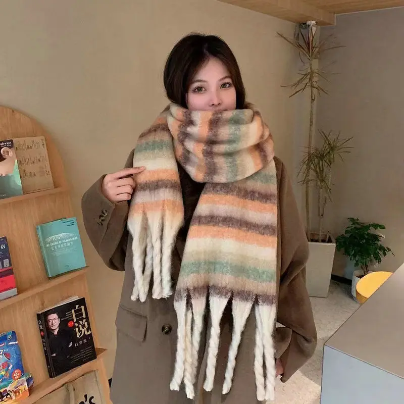 Rainbow Stripe Scarf for Women, Colorful Plaid Wrap, Soft Chunky Knit Scarf, Retro Y2K Fashion Scarf, Cozy Winter Accessory