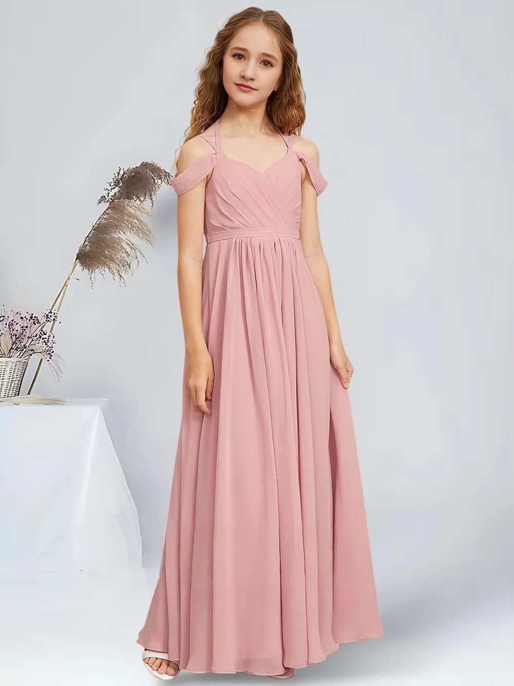 فساتين شيفون للأطفال الصغار بطول الأرض على شكل حرف a فساتين فتاة الزهور الساحرة للحفلات بكتف بارد فساتين وصيفة العروس لحفلات الزفاف وأحمر الخدود #2