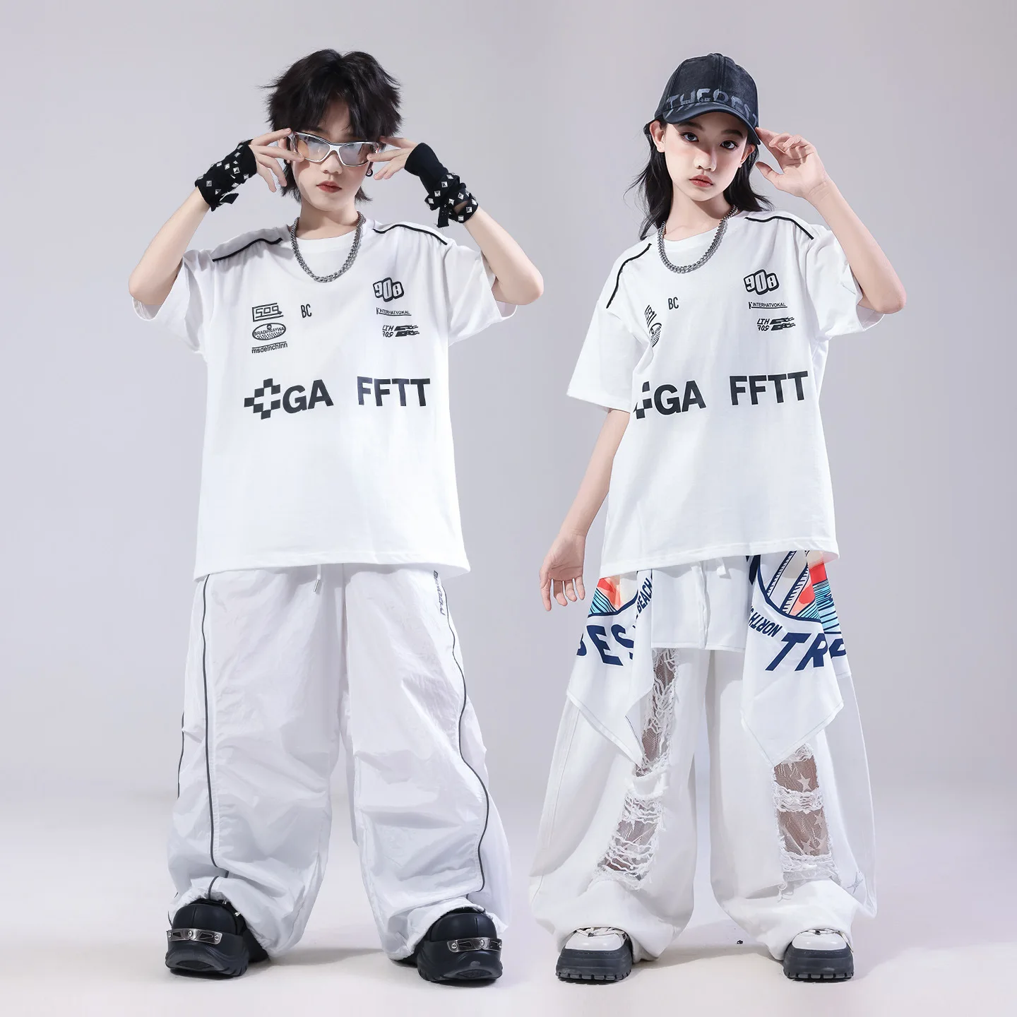 Kid Kpop Hip Hop Clothing White Strap Stars Sleeveless Jacket Casual Ripped Wide Pants for Girl Boy Street Dance Costume Clothes