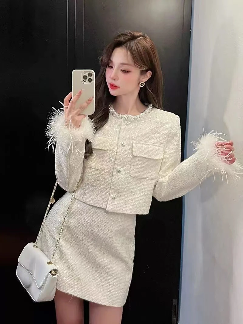 

Socialite Light Luxury Sequin Women's Suit Jacket Autumn Round Neck Ostrich Short Coat Top Slim-Fit A-line Skirt Two-piece Set