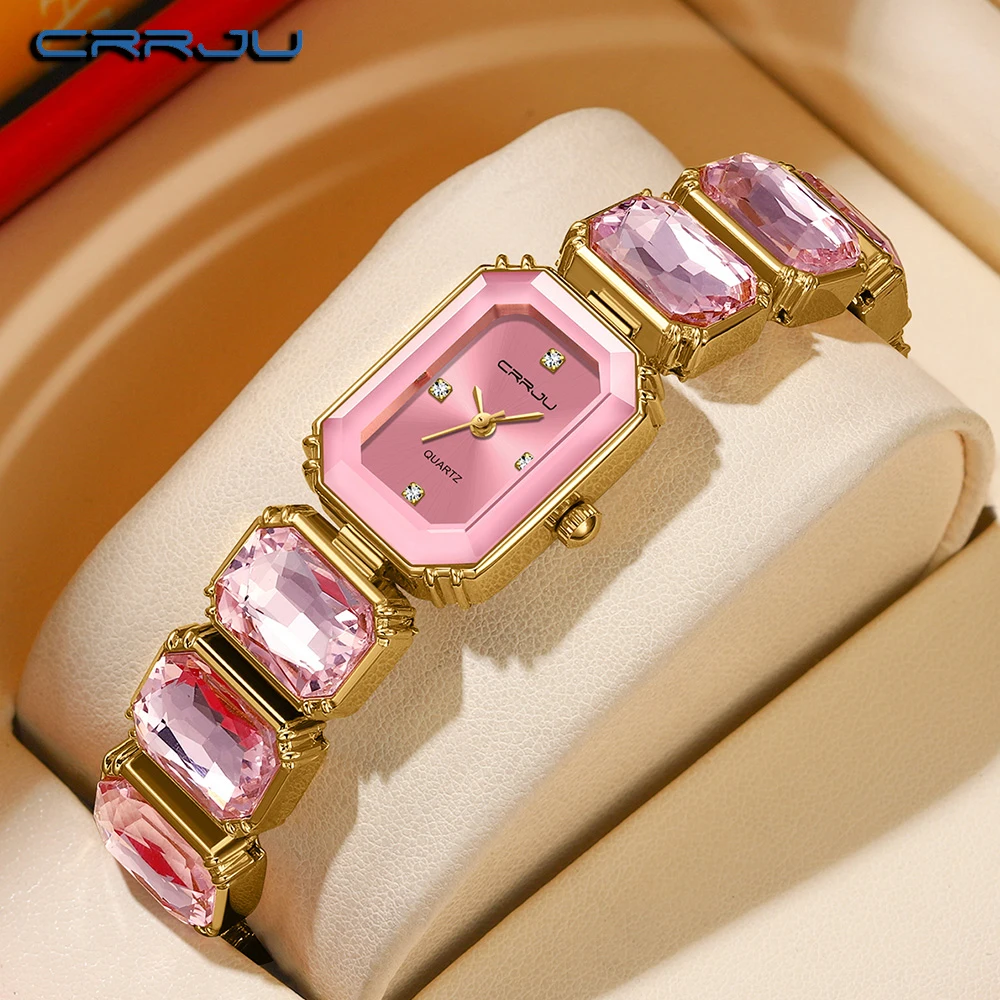 

CRRJU Women Square Watch Luxury Stainless Steel Water Diamond Original Quartz Movement Fashion Bracelet Clock Pink Ladies Watche
