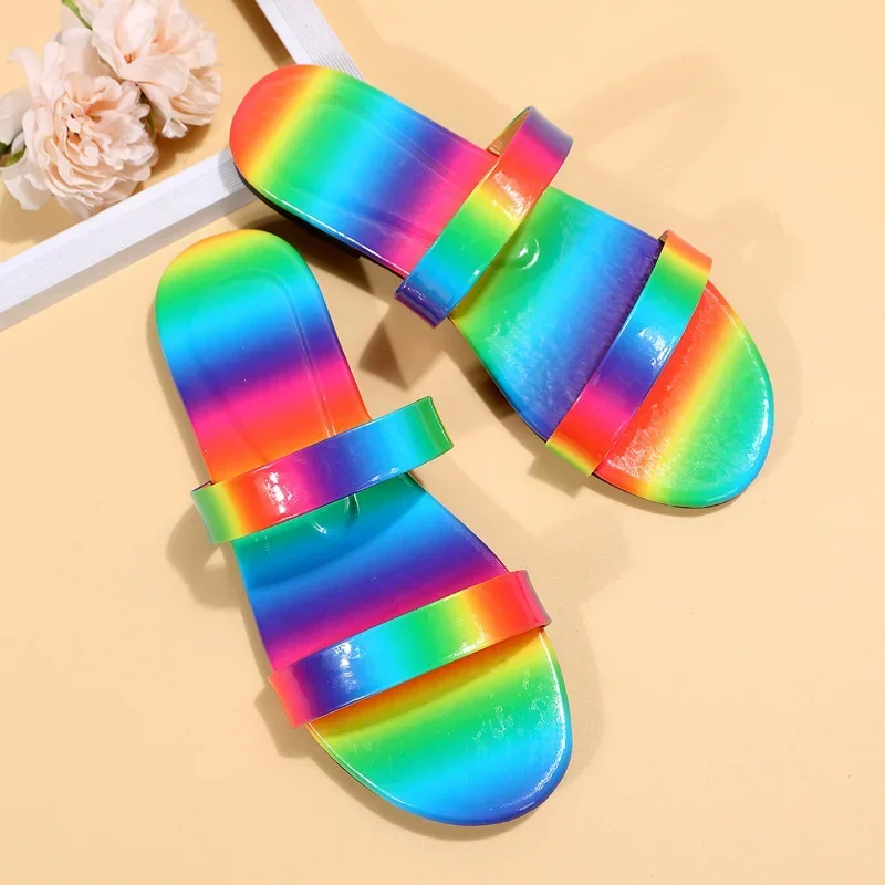 2024 Summer New Fashion Beach Slippers Rainbow Open Toe Sexy Casual Women's Flat Large Sandals 35-42